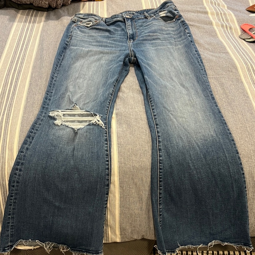 AE ripped super high waisted flare Jean